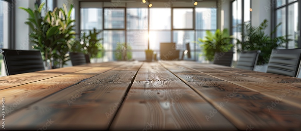 Poster An empty wooden table in a modern office with a blurred background sets a perfect stage for product displays in a copy space image