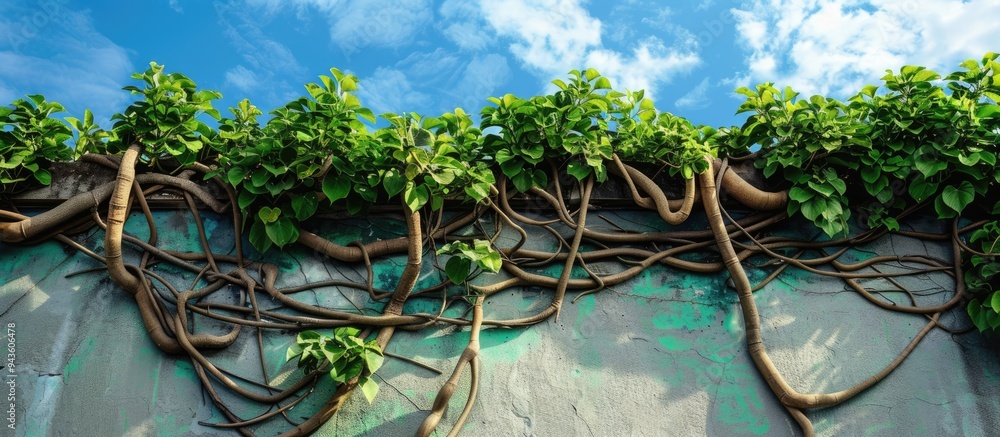 Aufkleber javanese tree roots cissus nodosa with lush green leaves sprawling on house walls set against a blue