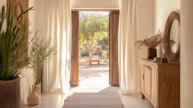 Bright mediterranean-style entryway open wooden doors sunlight neutral decor natural materials inviting atmosphere rustic modern farmhouse earthy tones airy hallway boho relaxed vibes backdrop empty 