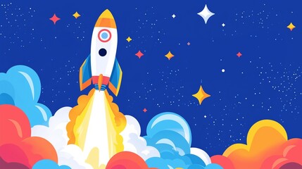 A colorful rocket launches into a starry sky filled with vibrant clouds and twinkling stars during a whimsical space adventure.
