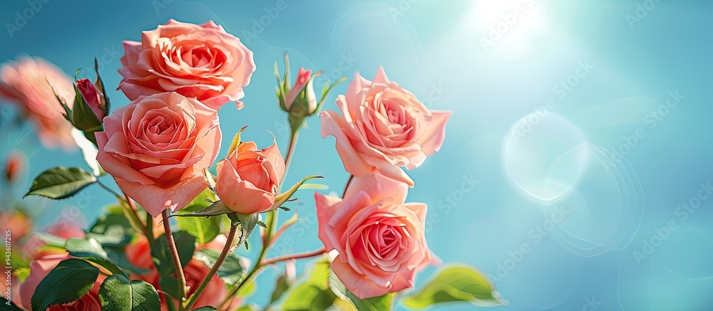 Aufkleber close up view of roses against a blue sky background with ample copy space image