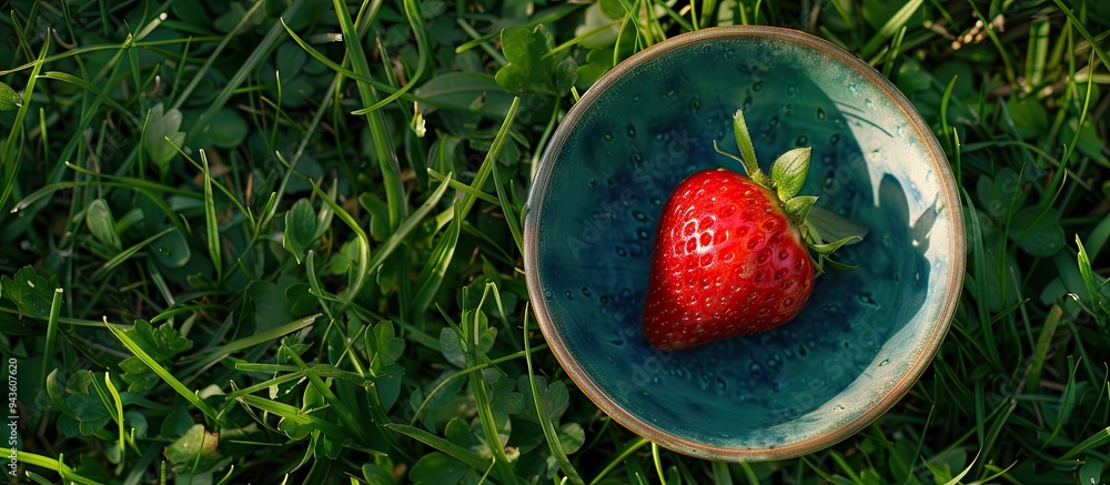 Poster top down view of a bowl with a fresh ripe red strawberry placed on lush green grass portraying a sum