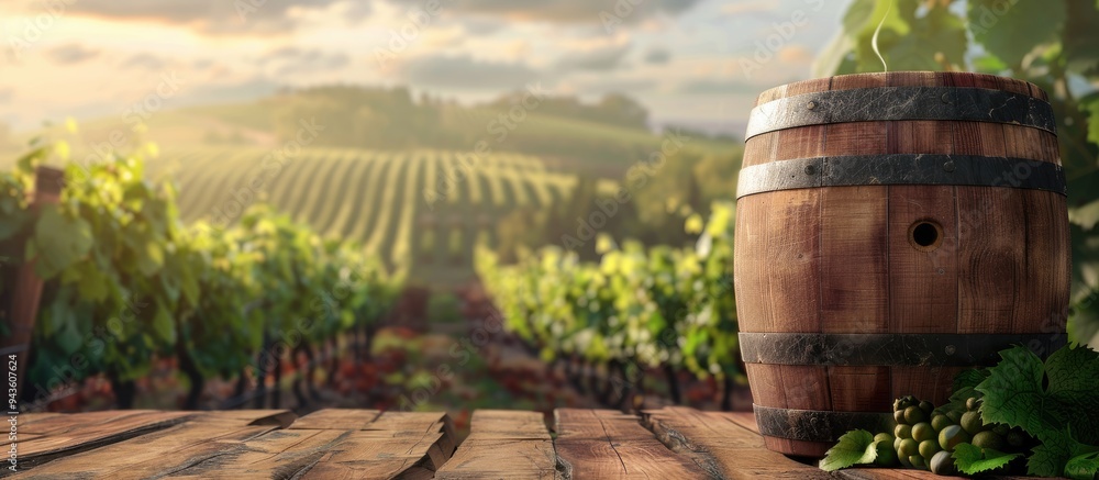 Poster Empty wooden wine barrel with a vineyard background serves as a copy space image for a product concept allowing for food drink and object placement