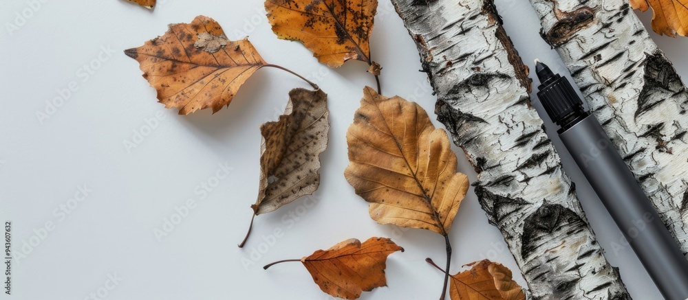 Poster close up image showcasing a highlighter leaves and tree bark set against a white background with cop