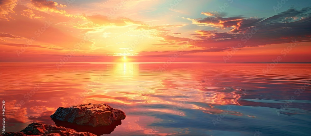 Poster a scenic sunset glow over the bay reflected in the calm waters making it a perfect copy space image
