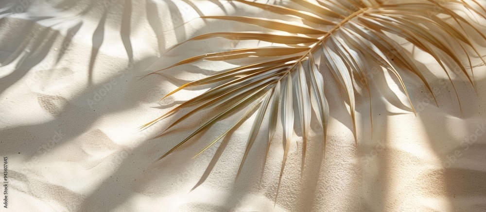 Poster shadow of a palm leaf cast on sand creating an aesthetic backdrop with copy space image