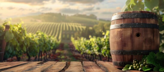 Empty wooden wine barrel with a vineyard background serves as a copy space image for a product concept allowing for food drink and object placement