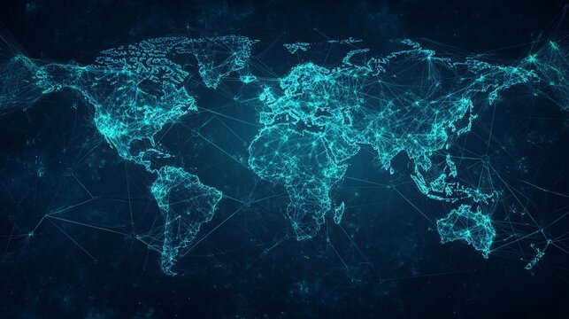 Abstract digital map with interconnected nodes representing a global network