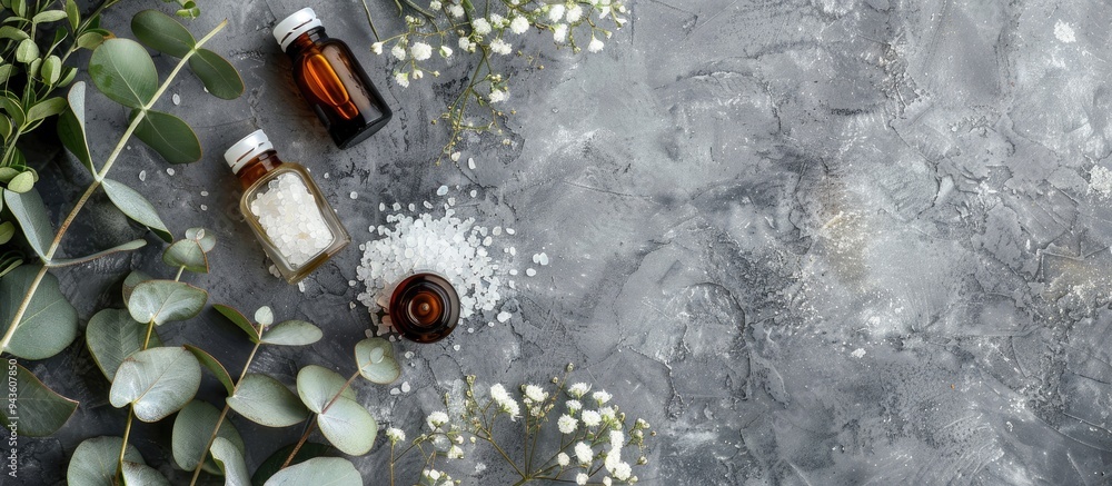 Poster Aromatherapy items like essential oil bottles sea salt and eucalyptus branches on a grey background in a flat lay composition with room for text in the image. Creative banner. Copyspace image