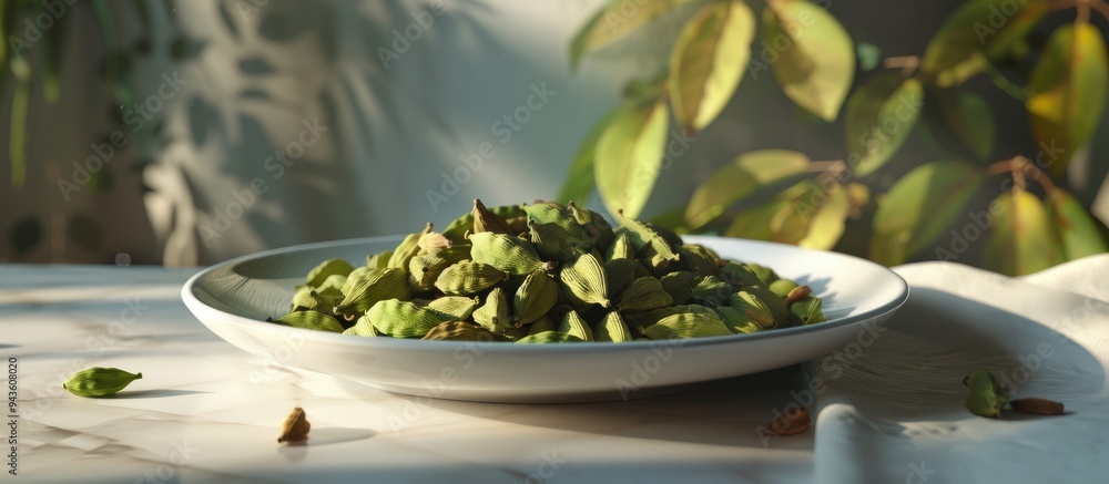 Poster a white plate with green cardamom pods arranged attractively making it a visually appealing copy spa