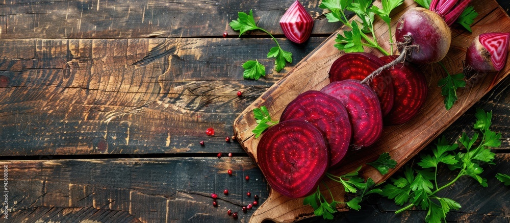 Aufkleber boiled beetroot slices on a wooden cutting board with parsley leaves against a rustic backdrop for a