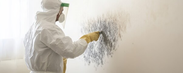 Professional in protective gear removing mold from a wall in a bright indoor environment, ensuring safety and cleanliness.