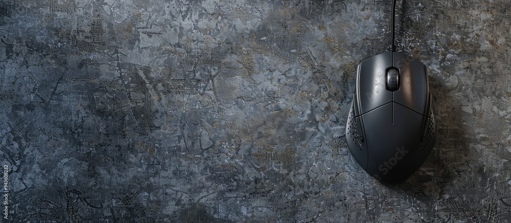 Poster top down view of a wired mouse on a grey textured table with available space for text overlay in the
