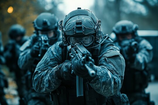 Dynamic image of a special forces soldier in action as a swat team member on duty - Powered by Adobe