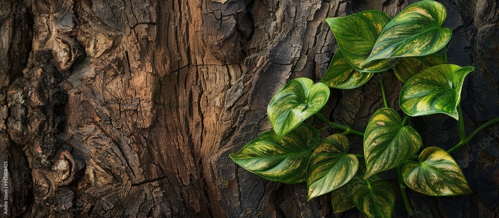 Poster nature s art golden pothos leaves of liana scindapsus against a rustic tree bark background perfect 