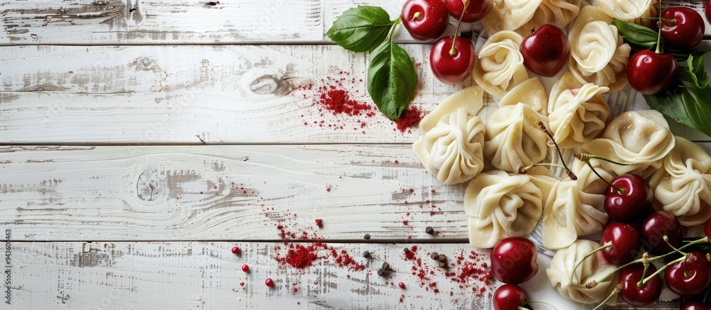 Aufkleber Blank space for text available in a rustic setting showcasing uncooked dumplings varenyky and ripe cherries on a white wooden surface with room for a caption. Creative banner. Copyspace image