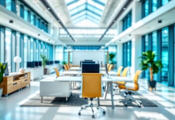 Modern bright office interior with furniture and daylight. Blurred background., ai