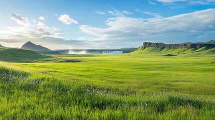 Obraz premium Panoramic view of lush green fields bathed in sunlight against a backdrop of Seljalandsfoss waterfall in Iceland, Europe.