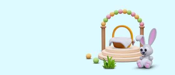 Cute Easter concept. 3D festive arch, scene, funny toy bunny, basket covered with napkin, grass