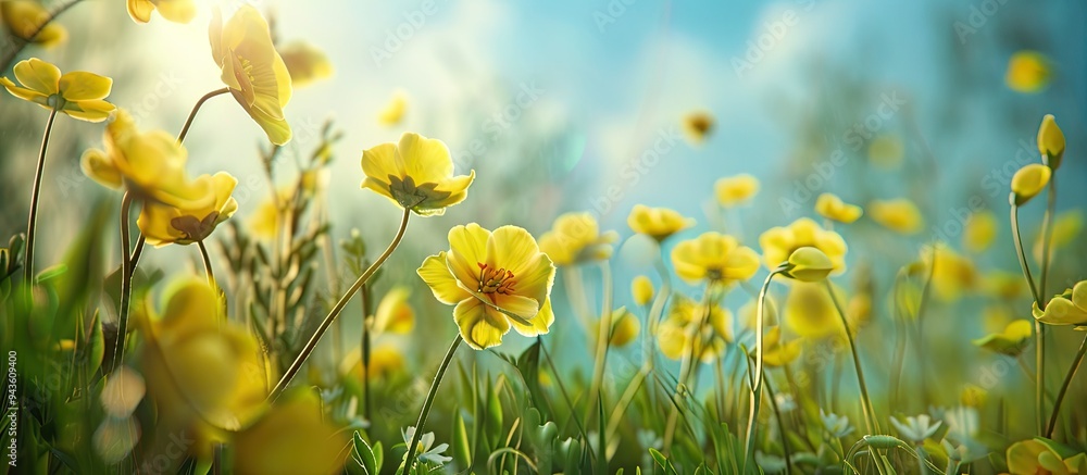 Poster In the summer vibrant buttercups bloom in a meadow creating a picturesque scene with a copy space image