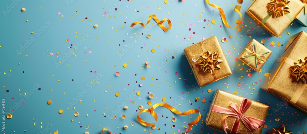 Poster top view of golden gift boxes and confetti on a colorful backdrop with copy space image