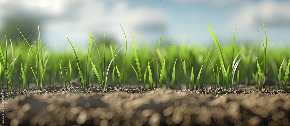 Poster juvenile rice seedling resembling grass with an empty area for adding an image. creative banner. cop