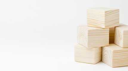 A stack of vanilla-colored wooden cubes featuring checkmarks is displayed on a blue surface, providing ample space for text and creative design elements