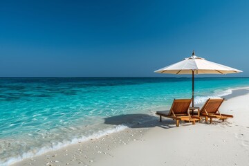 Fototapeta premium Serene Beach Scene with Wooden Chairs Under Umbrella Overlooking Turquoise Ocean and White Sand, Inviting Relaxation
