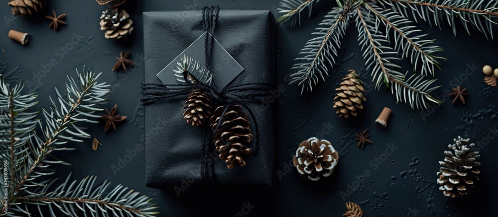Poster top view of a festive black gift with christmas decorations like fir branches and pine cones on a sq