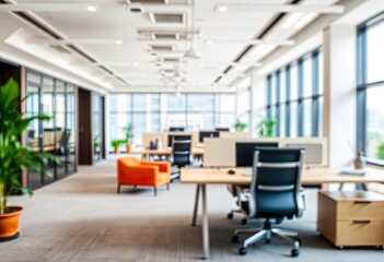 Modern bright office interior with furniture and daylight. Blurred background., ai