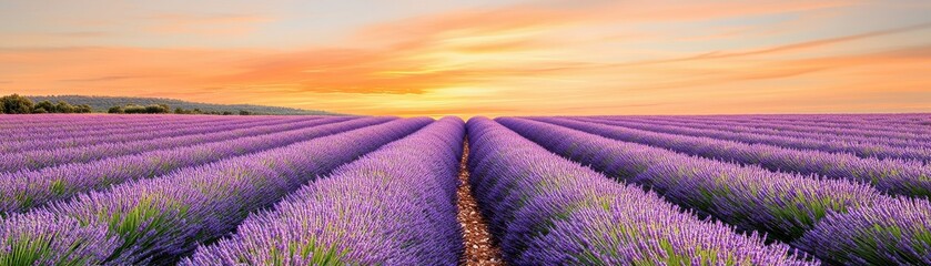 Obraz premium Vibrant lavender fields under a serene sunset, showcasing rows of purple flowers and a peaceful horizon.