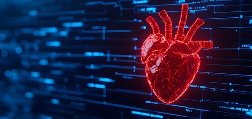 A digital heart illustration with glowing red elements against a technology background, symbolizing health and innovation.