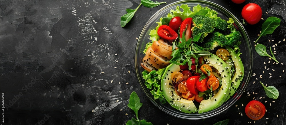 Poster glass container with fresh salad avocado cutlet and buckwheat on a black table from a top view offer