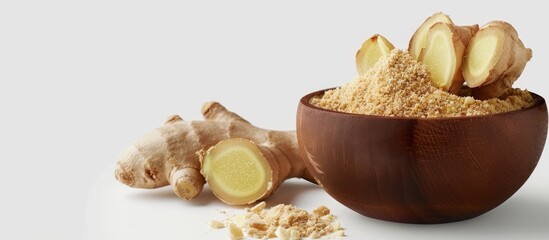 Slices of ginger root and powdered ginger presented in a wooden bowl against a white backdrop with available space for additional images