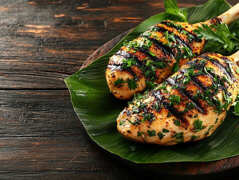 A dish of Ayam Percik, grilled chicken with a spicy coconut gravy, garnished with fresh herbs, served on a banana leaf against a rustic wooden table