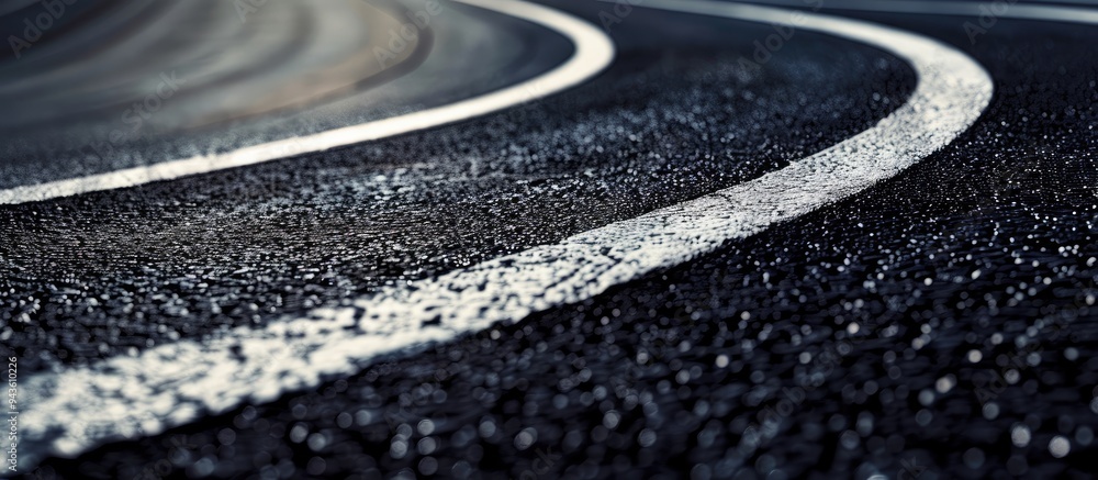 Poster rubber track with white lanes overlaid onto copy space image of curved textured black surface captur