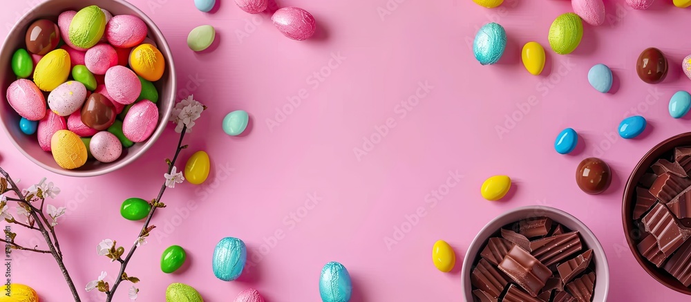 Poster easter themed candies chocolates and sweets on colorful backdrop with minimalist style top view with