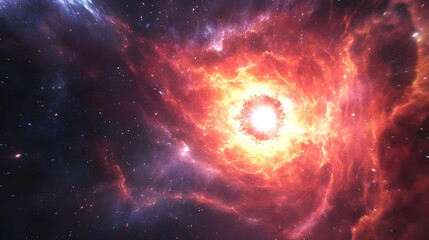A fiery nebula with a bright explosion at its center, surrounded by a swirling cloud of gas and dust.