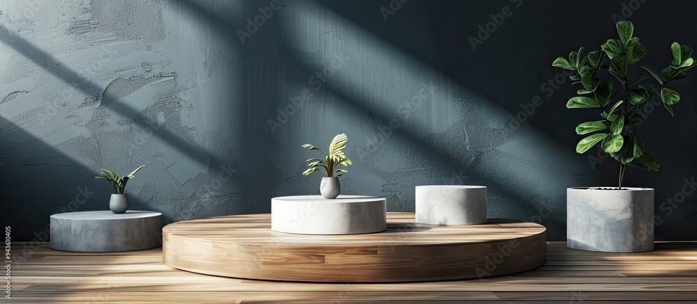 Poster variety of podiums displayed on a wooden table for product photography with copy space image