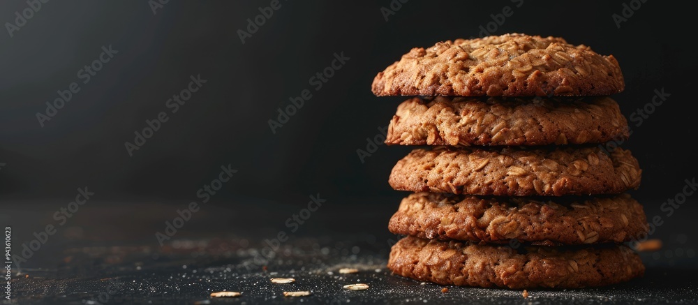 Poster homemade oatmeal cookies on a black backdrop with space for text or images. creative banner. copyspa