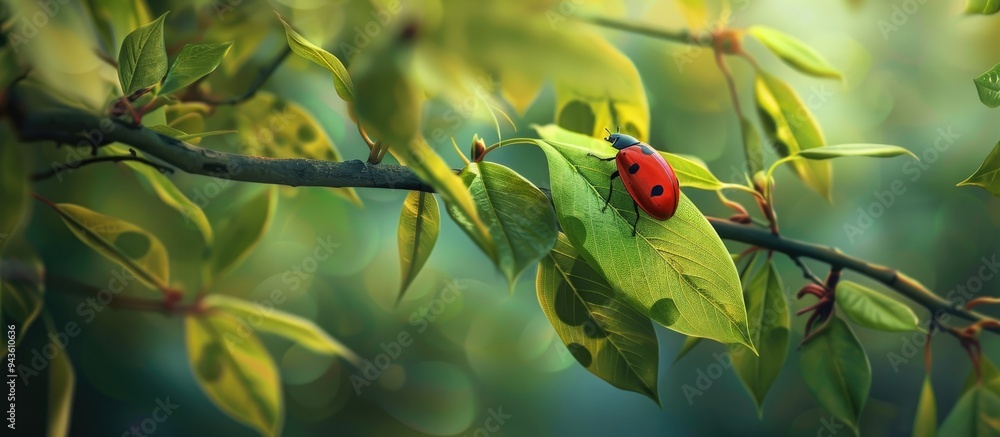 Poster A tree branch s tips display lush green leaves hosting a red insect with black spots within the leaf axil set in a macro shot against a blurred backdrop with copy space image