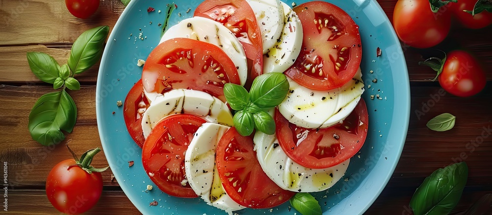 Poster caprese salad creatively arranged to resemble the italian flag on a blue plate with copy space image