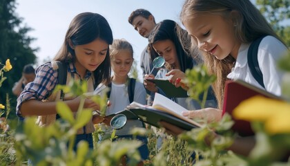 Diverse school children and teacher exploring nature with magnifying glasses and notepads