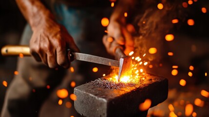 A skilled blacksmith working with metal, creating sparks and showcasing the artistry of traditional forging techniques.