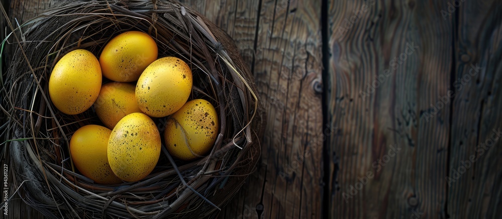 Poster celebrate easter with vibrant yellow eggs in a nest on a wooden table a creative top view decoration