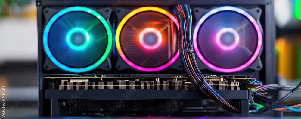 Fototapete close-up of rgb computer fans highlighting modern technology with vibrant colors, ideal for gaming a