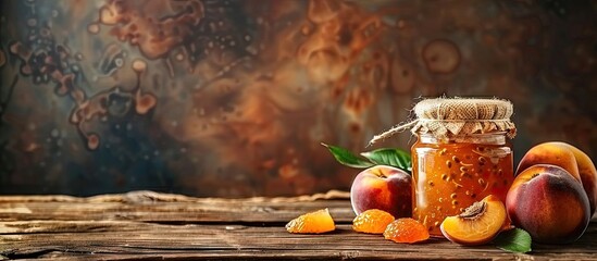 On a vintage brown table there is a glass jar of apricot jam surrounded by fresh fruits Copy space image