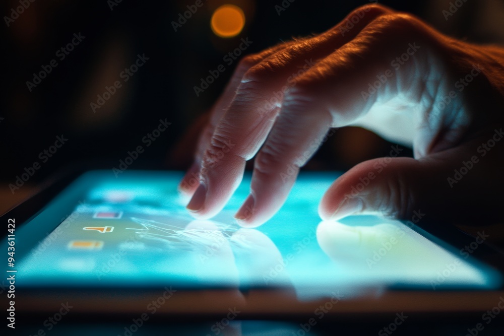 Poster close up photography of a hand interacting with a tablet touchscreen emphasizing fingertip use