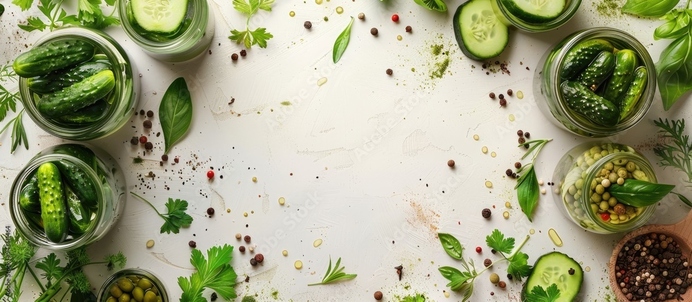 Poster On a white table there are pickles in jars surrounded by fresh cucumbers and various spices creating a visually appealing copy space image