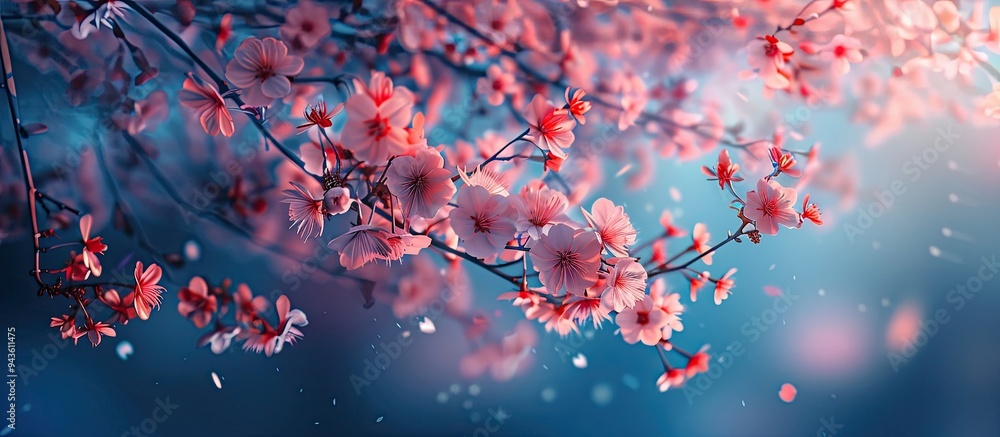 Poster a captivating nighttime scene of cherry blossoms or sakura with a copy space image